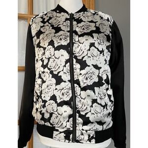 NAANAA Floral Windbreaker Jacket Women's Sz L Full Zip Black Gray Satin Pockets